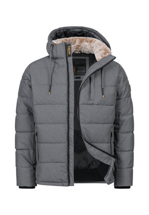 Graue gepolsterte Winterjacke mit einer von Fell gefütterten Kapuze, der Frontreißverschluss teilweise geöffnet, zwei seitliche Reißverschlusstaschen und verstellbare Kordelzüge an der Kapuze.