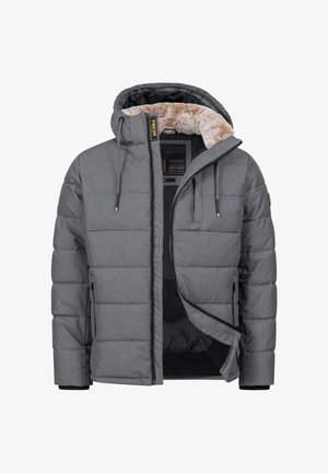 Gray padded winter jacket with fur-lined hood, front zipper partially open, two zippered side pockets, and adjustable hood drawstrings.