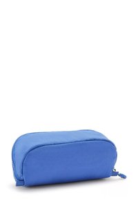 Pencil case rettangolare blu in tessuto posato piatto con chiusura a zip su uno sfondo bianco.