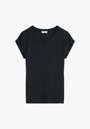 Schwarzes T-Shirt mit kurzen Ärmeln und Rundhalsausschnitt, sichtbaren Nähten und einem kleinen Marc O'Polo Markenlabel auf der Innenseite des Kragens.