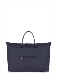 Borsa tote in nylon blu navy con due manici, dotata di una tasca anteriore con zip, texture liscia e design imbottito per il comfort.