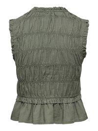 Haut sans manches vert olive avec tissu froncé et ourlet volanté, vu de dos.