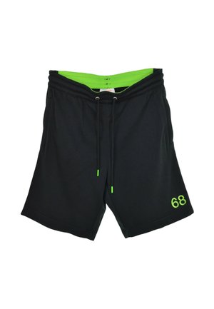 Pantaloncini sportivi neri con fascia in vita verde neon, punte del cordino e numero "68" sulla gamba sinistra.
