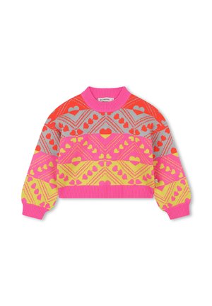 Pull ras du cou pour enfants avec des motifs de cœurs roses, jaunes, rouges et gris, col côtelé, poignets et ourlet côtelés.
