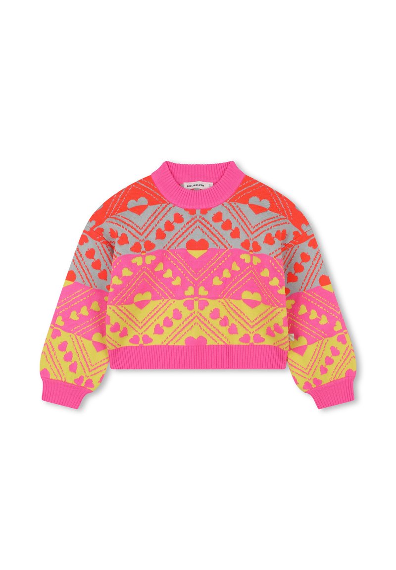 Korte kindersweater met hartpatronen in roze, geel, rood en grijs, met ribben aan de ronde hals, manchetten en onderkant.