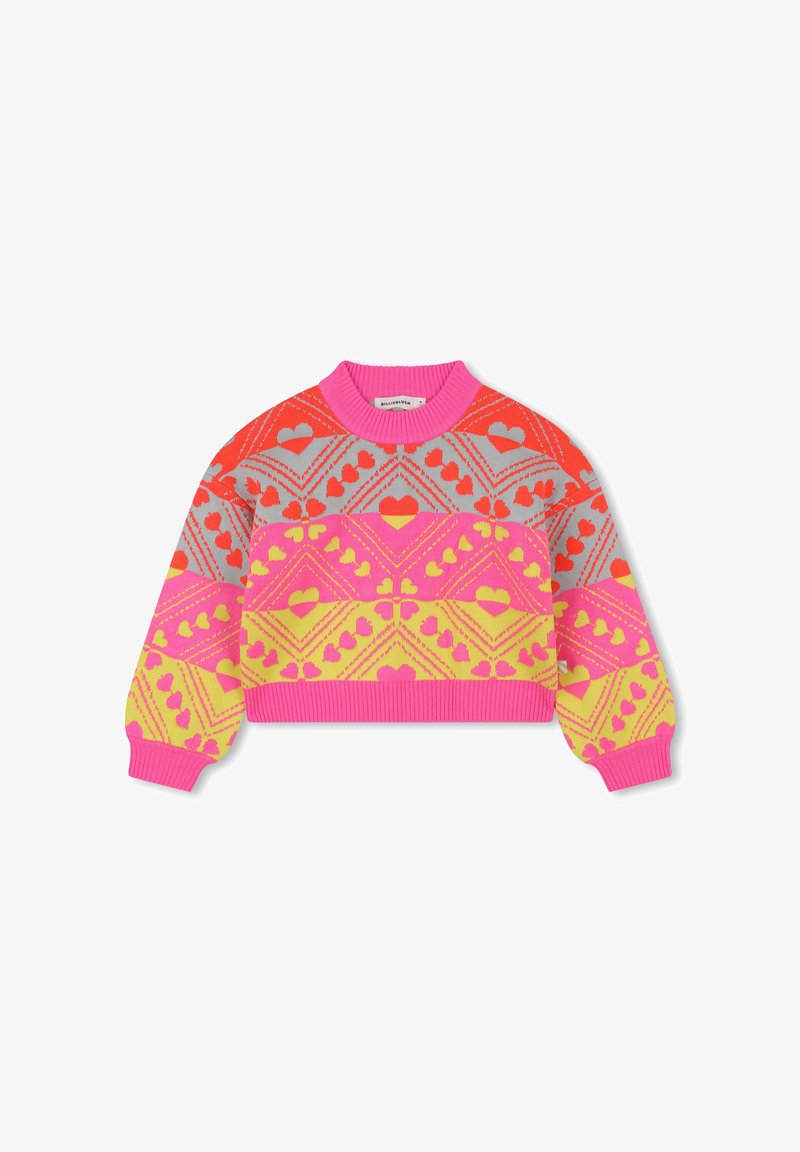 Maglione corto per bambini con motivi a cuore nei colori rosa, giallo, rosso e grigio, colletto a coste, polsini e orlo.