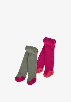 Deux paires de collants : l'une verte olive avec des orteils roses, l'autre rose vif avec des orteils corail. Les deux présentent un tissu doux et extensible ainsi que des poignets roulés.