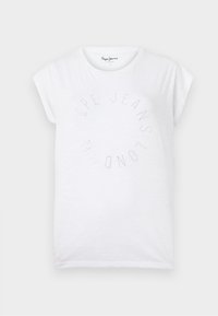 White cotton t-shirt with a round neckline and short sleeves. Features a circular text design in small dots reading "Pepe Jeans London."