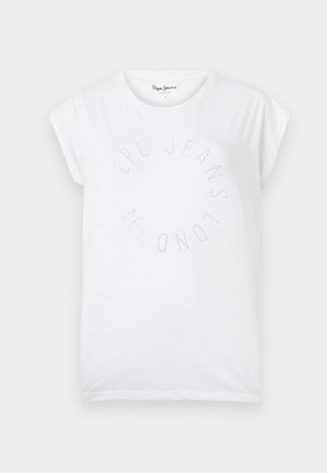 White cotton t-shirt with a round neckline and short sleeves. Features a circular text design in small dots reading "Pepe Jeans London."