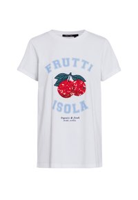 White cotton T-shirt featuring red sequined cherries with green leaves, blue lettering "FRUTTI ISOLA," and printed details below.