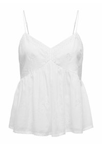 Witte katoenen cami met verstelbare spaghetti-bandjes, voorzien van een geborduurd bloemenpatroon over de bovenkant en een uitlopende onderrand.
