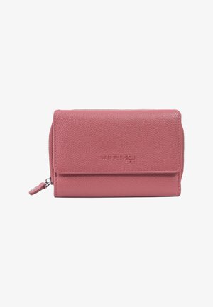 Pink leather wallet with a textured finish. Features a flap closure, zippered compartment, and embossed logo on the front.