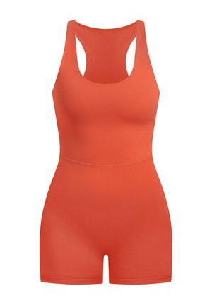 Body naranja hecho de tela elástica. Presenta un diseño de espalda nadadora y una silueta ajustada con una banda elástica sin costuras y piernas cortas.