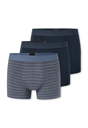 Young man with brown hair wearing blue and gray striped boxer briefs standing against a plain white background.