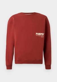 Rød hettegenser med rund hals, lange ermer og ribbede mansjetter. Har hvit tekst: "POMPEII" og "Vi hedrer gåing (Madrid)" på fronten.