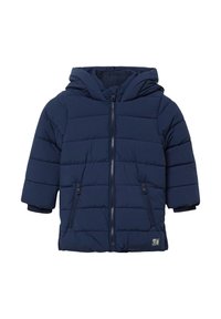 Donkerblauwe gevoerde winterjas voor kinderen met capuchon, rits aan de voorkant en twee ritszakken aan de zijkanten.