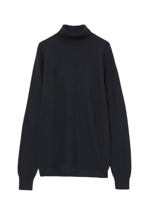 Schwarzer, strukturierter Strickpullover mit Rollkragen, langen Ärmeln sowie gerippten Bündchen und Saum, auf einem weißen Hintergrund präsentiert.