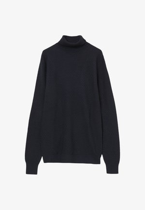 Maglione a collo alto in maglia nera con texture, maniche lunghe e polsini e orlo a costine, presentato su uno sfondo bianco.