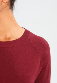 Pull en tricot bordeaux avec un col rond, présentant une texture lisse et un détail de manches raglan. Tissu doux, coupe décontractée et design minimaliste.