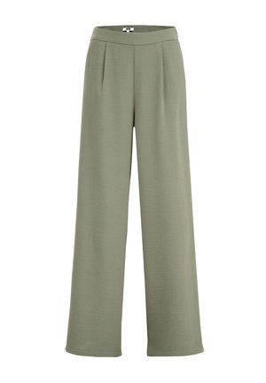 Gaiši zaļas platās bikses ar gludu tekstūru, kurām ir augsta elastīga josta un centrālie krokas papildu dizaina elementam.