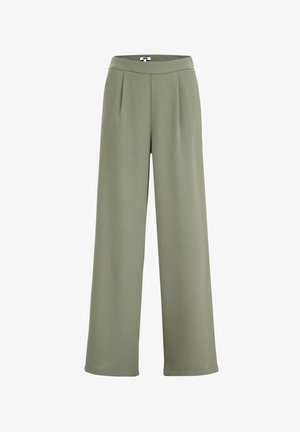 Šviesiai žali plati kelnės su lygiu paviršiumi, turinčios aukštą elastingą juosmenį ir centrinės raukšlės kaip papildomą dizaino elementą.