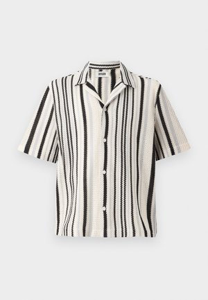 Short-sleeve shirt with a woven texture, featuring alternating black and white vertical stripes and a standard collar. Five-button front closure.