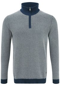 Pull léger en gris avec un motif de tricot géométrique. Doté d'un col et d'une fermeture éclair bleu marine, ainsi que de poignets et d'un ourlet côtelés.