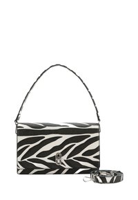 Zebra-muster Clutch in schwarzem und weißem synthetischem Material. Verfügt über eine strukturierte Form, einen oberen Griff und einen abnehmbaren Schulterriemen.