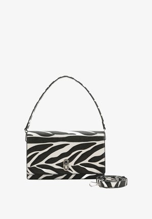 Zebra-patterned clutch bag in black and white synthetic material. Features a structured shape, a top handle, and a detachable strap.