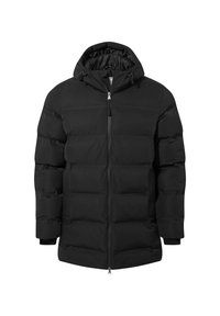 Black padded jacket with a hood. Made of smooth fabric, featuring a front zipper and ribbed cuffs. Thick sections create a quilted design.