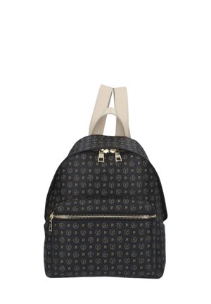 Zaino nero con spallacci beige, decorato con piccoli loghi circolari, dotato di due scomparti con zip e tiralampo color oro.