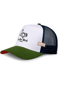 Cappellino da camionista con pannello anteriore bianco, visiera verde e retro a rete blu navy. Presenta un logo di anatra ricamato in nero e il testo "Surfin' Bird est. 1963".