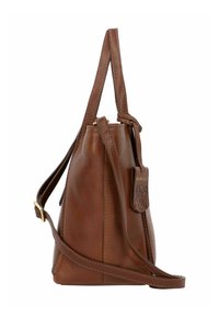 Borsa a mano in pelle marrone con una forma strutturata, dotata di base piatta, tracolla regolabile e un'etichetta decorativa in metallo. Texture liscia.