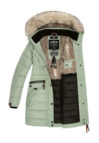 Mint green insulated jacket with a faux fur-lined hood, zippered pockets, and contrasting black inner lining; features stitching details.