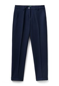 Marinblå byxor i slät väv, med två framfickor, knappstängning och en uppvikt nederkant med rakt ben.