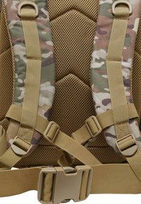 Tan tactical backpack with mesh padding, camouflage straps, reinforced stitching, and adjustable buckles for secure fit and comfort.