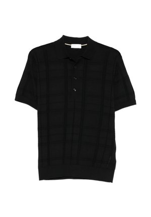 Polo nera a maniche corte con sottili righe verticali e orizzontali strutturate e tre bottoni neri sulla patta.
