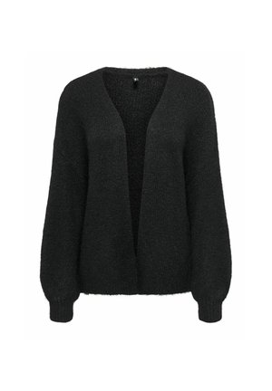 Sort åben-front strikket cardigan med lange ærmer og ribstrikkede manchetter, vist på en ensfarvet hvid baggrund.