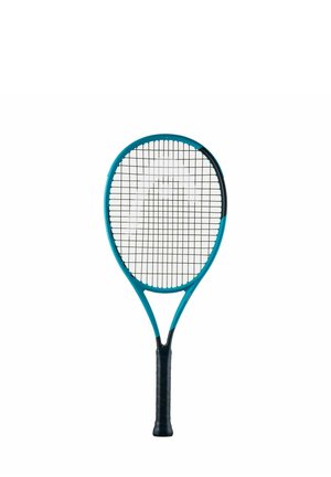 Tennisschläger mit blauem Rahmen und schwarzem Griff, mit straff gespannten schwarzen Saiten, isoliert auf weißem Hintergrund.