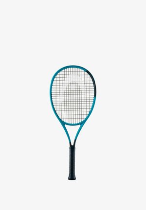 Tennisschläger mit blauem Rahmen und schwarzem Griff, mit straff gespannten schwarzen Saiten, isoliert auf weißem Hintergrund.