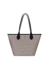 A medium-sized tote bag features a patterned fabric with colorful geometric shapes and black leather handles, on a white background.