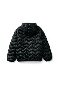 Černá péřová bunda s kapucí, se zpevněným chevron vzorem, elastickými manžetami a zkráceným střihem. Hladký, lesklý povrch.