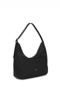 Čierna kožená taška hobo s hladkou textúrou, zlatým zipsom a nastaviteľným ramenným popruhom. Na prednej strane je logo.