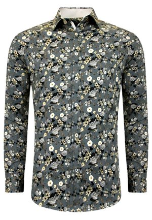 Bloemig overhemd met knopen in het grijs, met witte en beige bloemen. Lange mouwen met knoopmanchetten, klassieke kraag, gladde katoenen stof.