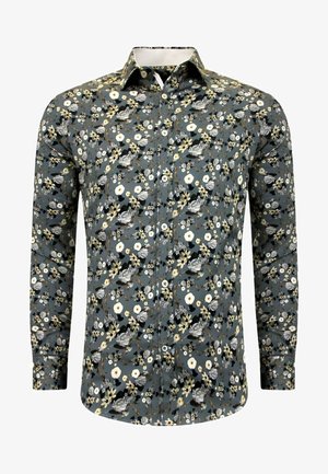 Bloemig overhemd met knopen in het grijs, met witte en beige bloemen. Lange mouwen met knoopmanchetten, klassieke kraag, gladde katoenen stof.