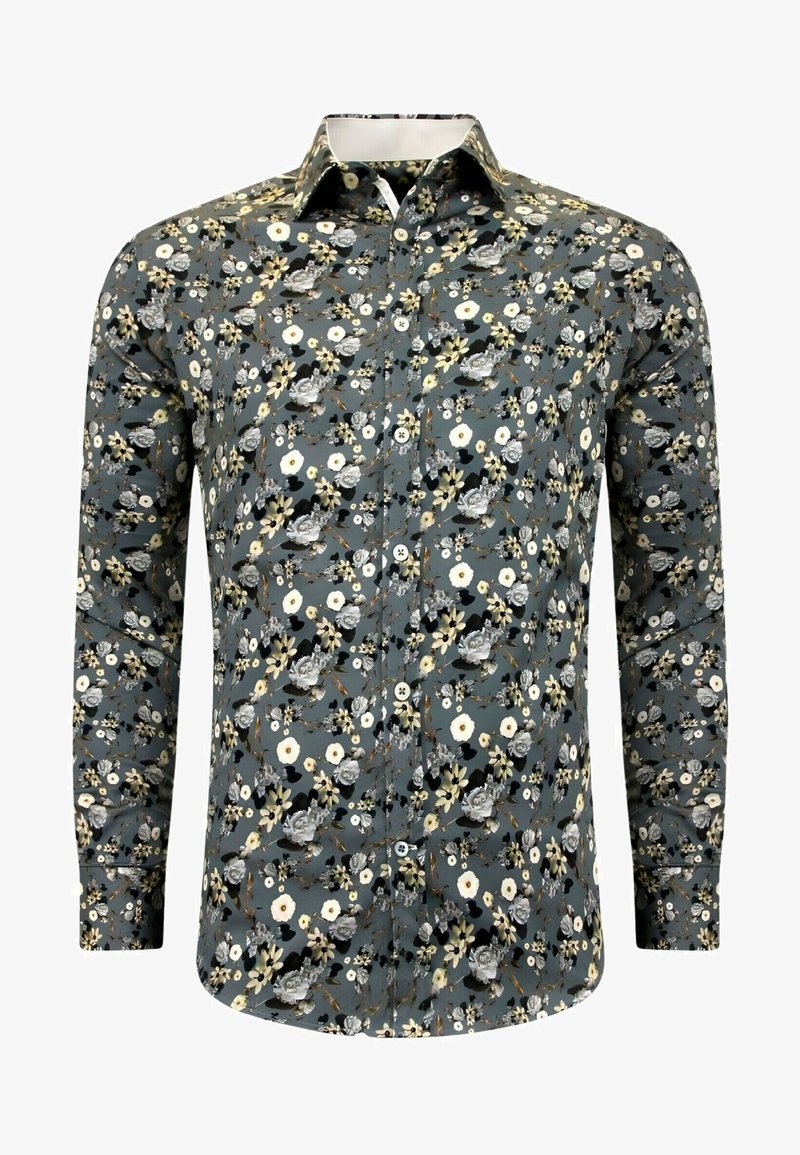 Bloemig overhemd met knopen in het grijs, met witte en beige bloemen. Lange mouwen met knoopmanchetten, klassieke kraag, gladde katoenen stof.