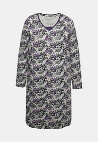 Robe da notte a maniche lunghe in morbido tessuto grigio con un motivo floreale nei colori viola, nero e blu, dotata di scollatura a V e rifiniture in contrasto viola.