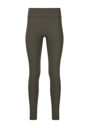 Leggings verde oliva realizzati in tessuto liscio ed elastico con una vita alta, dotati di sottili dettagli di cucitura per un aspetto elegante.