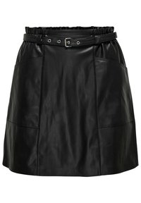 Jupe en cuir noir avec une taille élastique et un détail de ceinture, comportant deux poches avant et une texture lisse, légèrement brillante.
