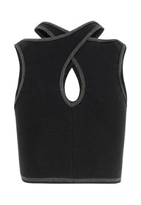 Zwarte geribbelde crop top met een uniek crisscross achterkantontwerp. Bevat een keyhole uitsparing en contrasterende witte stiksels.